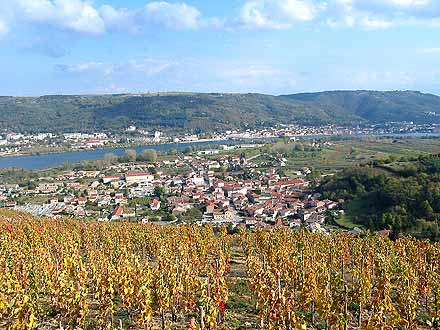 Superbes couleurs automnales pour le vignoble du coteau-vitrine du Saint-Joseph qui surplombe Sarras, Saint-Vallier et la vallÃ©e du RhÃ´ne.